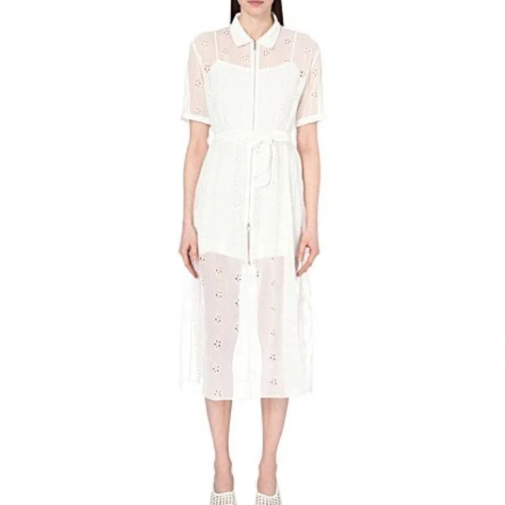 Sandro Ricarda White Eyelet Chiffon Zip Front Sheer Midi Dress Collared Small - Picture 2 of 11
